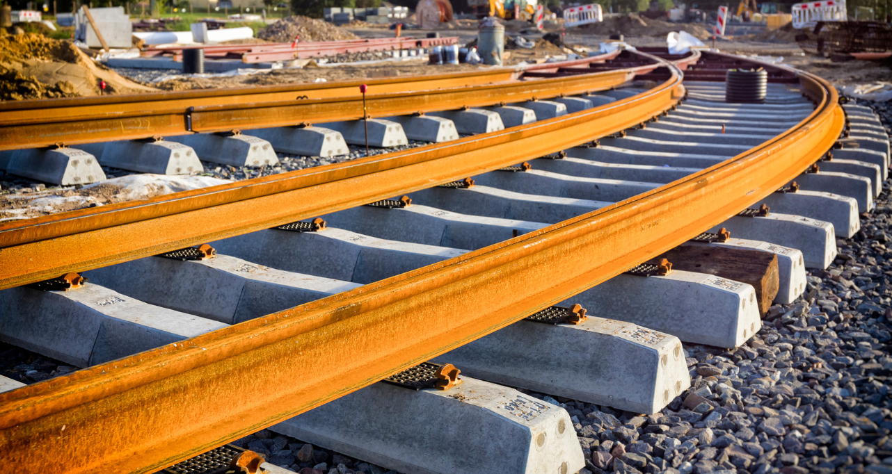 Railway track infrastructure under construction.