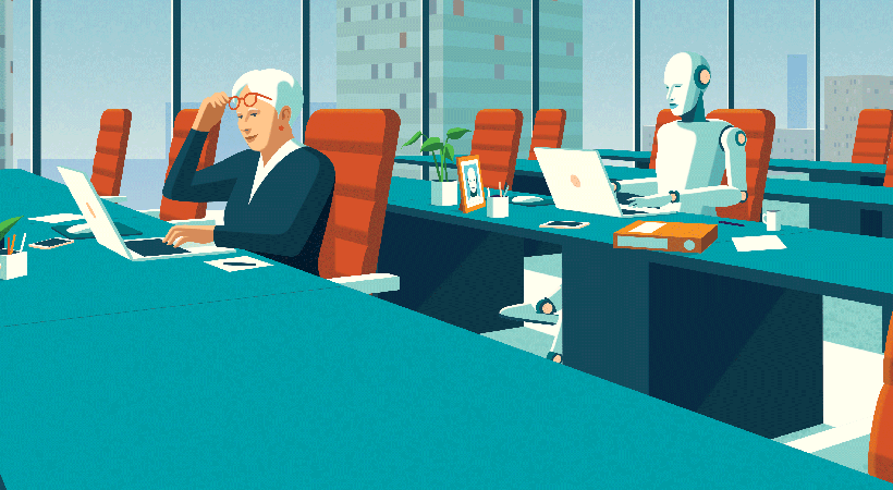 Illustration of an older worker in an empty office being supported by a robot