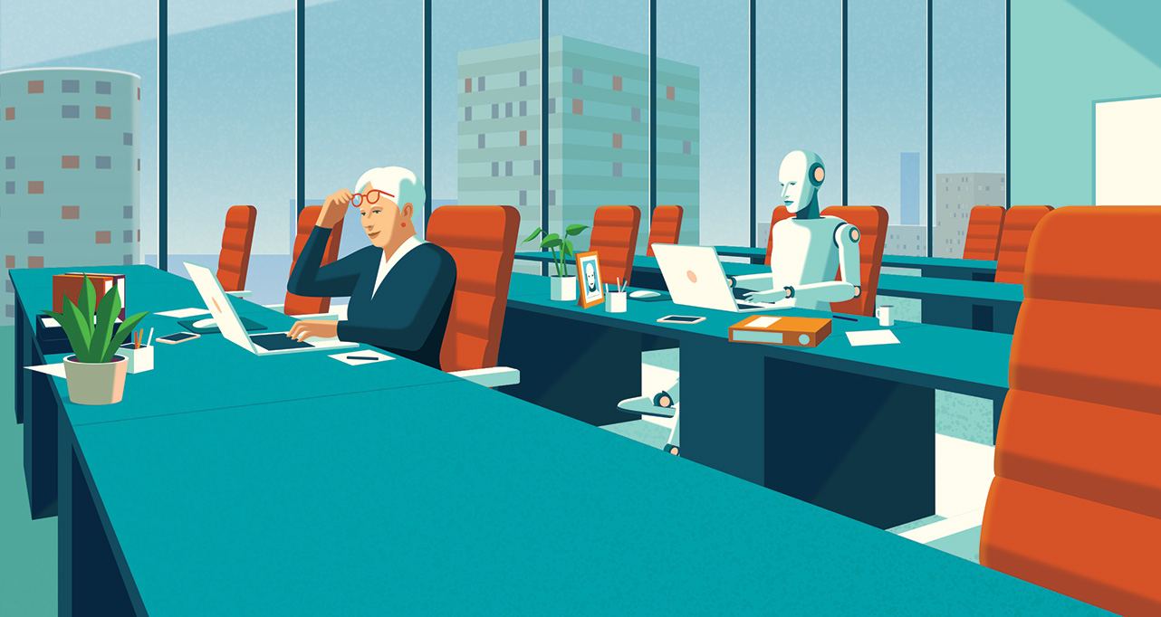 Illustration of an empty office with one elderly working and a robot supporting them.