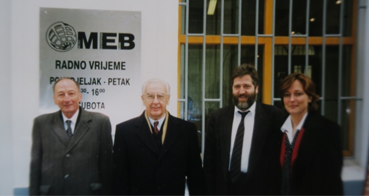 Our visit to the MicroEnterprise Bank in Sarajevo, the first micro-lending bank and first equity investment of the Bank in Bosnia and Herzegovina. From left to right, Paul Monnory who assisted the start of EBRD operations in the country, Jacques de Larosière, President of the EBRD, Ralf Niepel, first general manager of MEB, and Zsuzsa Hargitai, our courageous and determined first full time representative in the country.