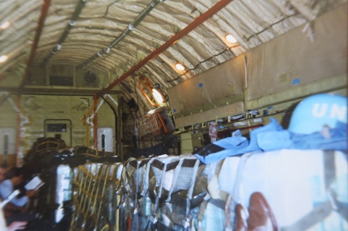 Interior of a UN cargo aircraft carrying passengers and supplies to Sarajevo.
