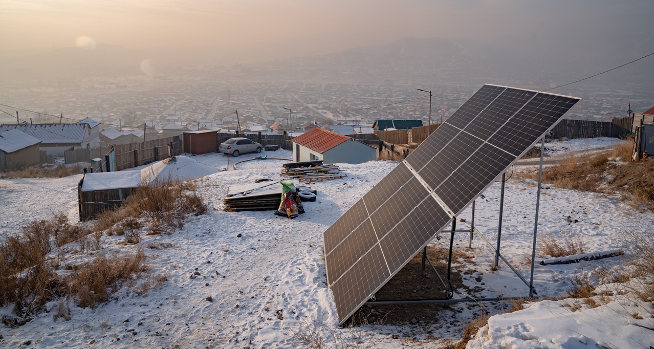 Aerial view of solar panels in ger districts Mongolia