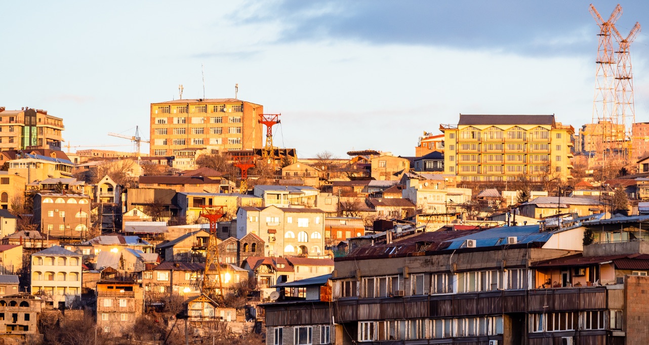 Residential houses lit by setting sun in Yerevan