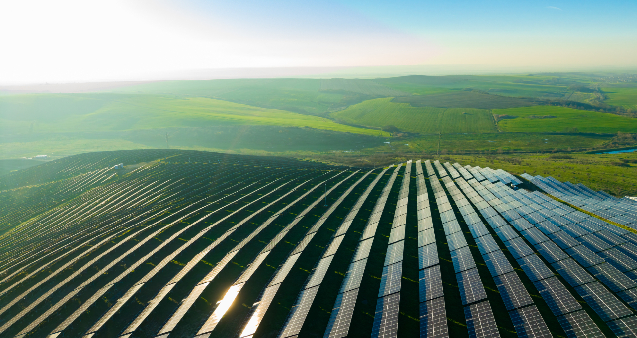 Solar panels cover the hills of a vast landscape