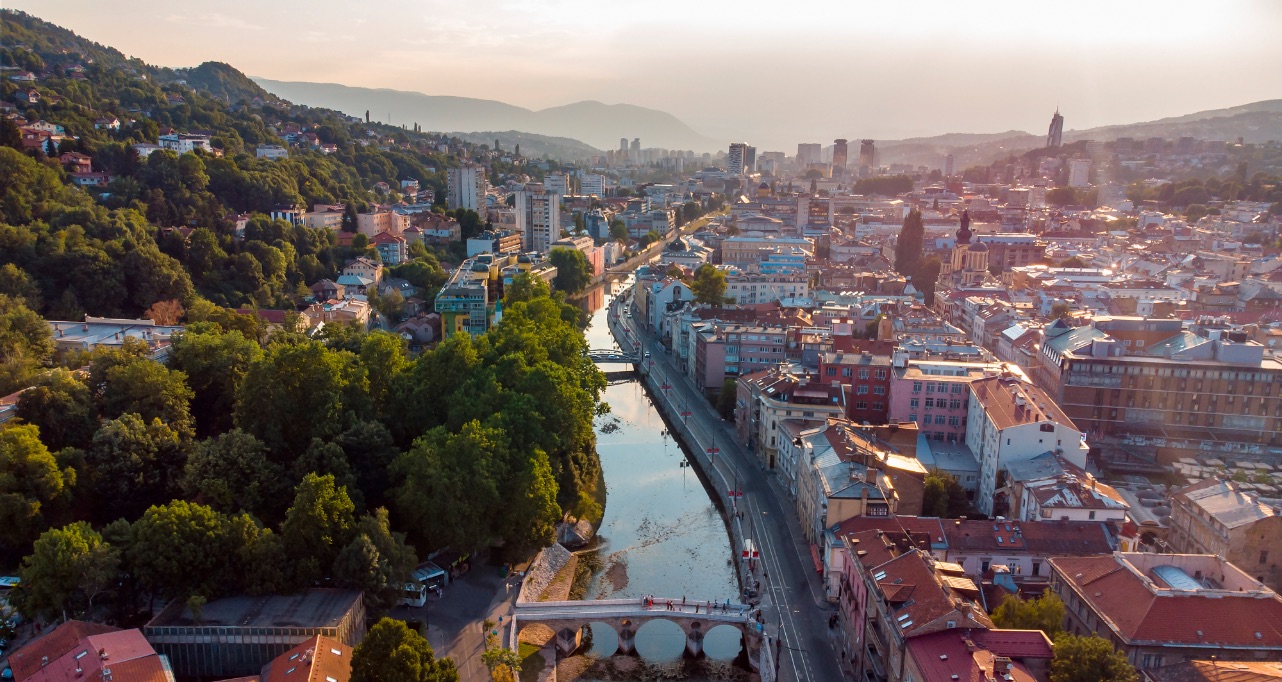 Sarajevo, Capital city of Bosnia and Herzegovina, high drone view