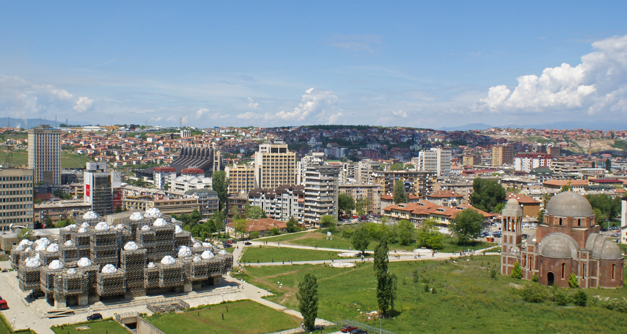 Skyline of the Kosovar capital on a sunny summer day.