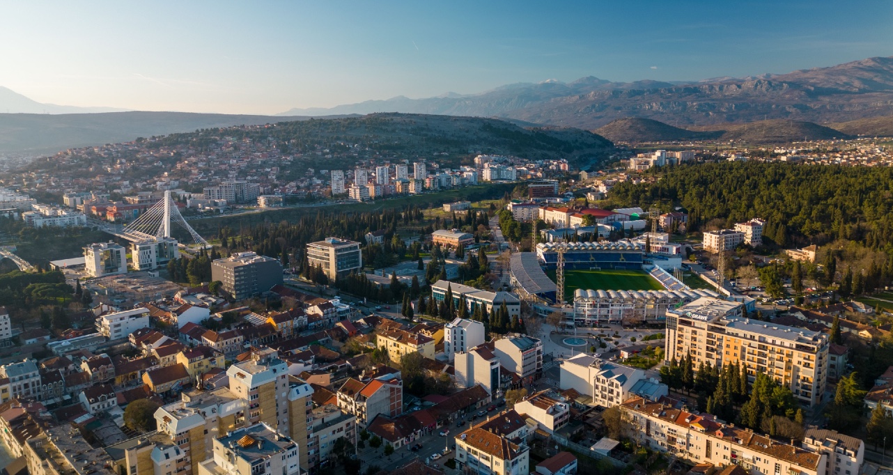 Aerial View above Podgorica, the capital of Montenegro Aerial View above Podgorica, the capital of Montenegro