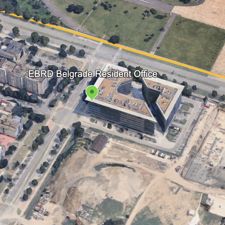 Aerial view of Belgrade with an important building in the foreground.