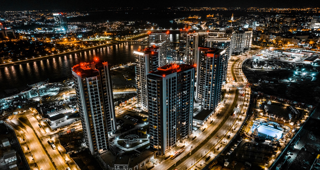 Modern Belgrade by night seen from a drone perspective