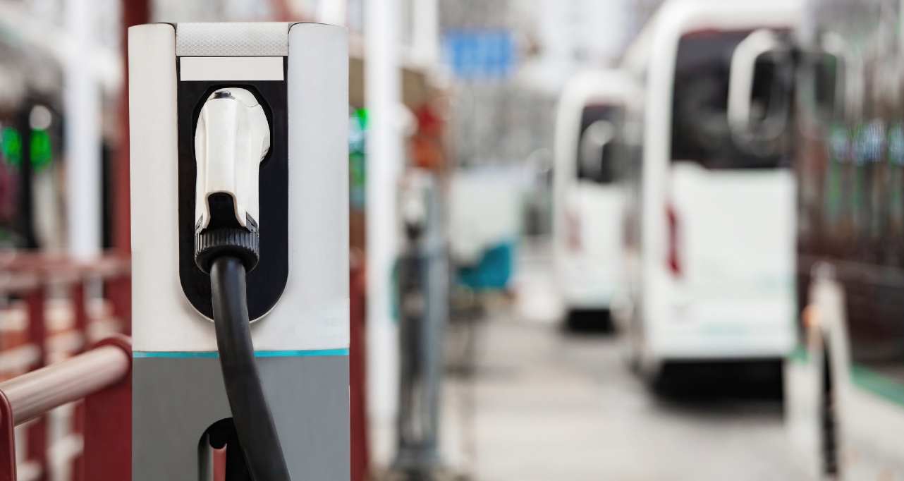 Close-up of charging equipment in a bus parking lot