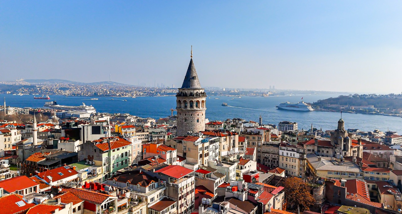 Aerial view of Galata Tower sunset